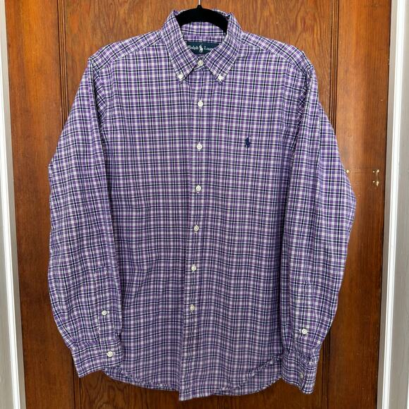 Polo Ralph Lauren‎ Classic Fit Cotton Button Down Purple Blue Plaid Mens Medium - Picture 1 of 8